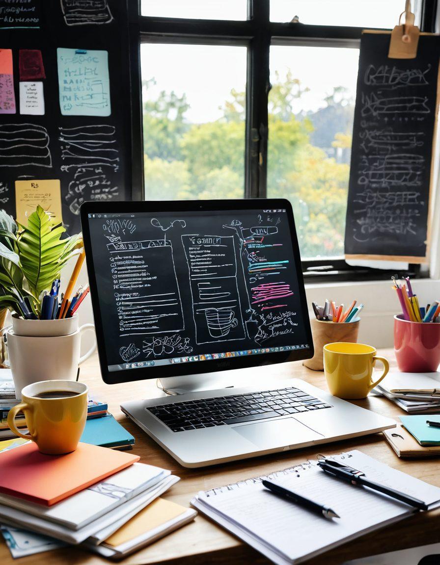 A vibrant illustration depicting a creative workspace with a laptop open, surrounded by colorful notebooks, brainstorming sketches, and a steaming cup of coffee. In the background, a chalkboard filled with content ideas and a window showing a sunny, inspiring view. The scene conveys a sense of creativity and productivity. super-realistic. vibrant colors. white background.