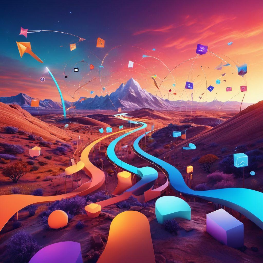 A visually captivating digital landscape featuring an abstract representation of a blogosphere, with interconnected icons symbolizing blogging, creativity, and digital insights. Include elements like a glowing, open diary with glowing pages, scattered blog post thumbnails, and a vibrant sky filled with social media icons. The color palette should be bright and inviting to reflect creativity and exploration. Capture a sense of movement with arrows and pathways guiding through this digital realm. vibrant colors. 3D.