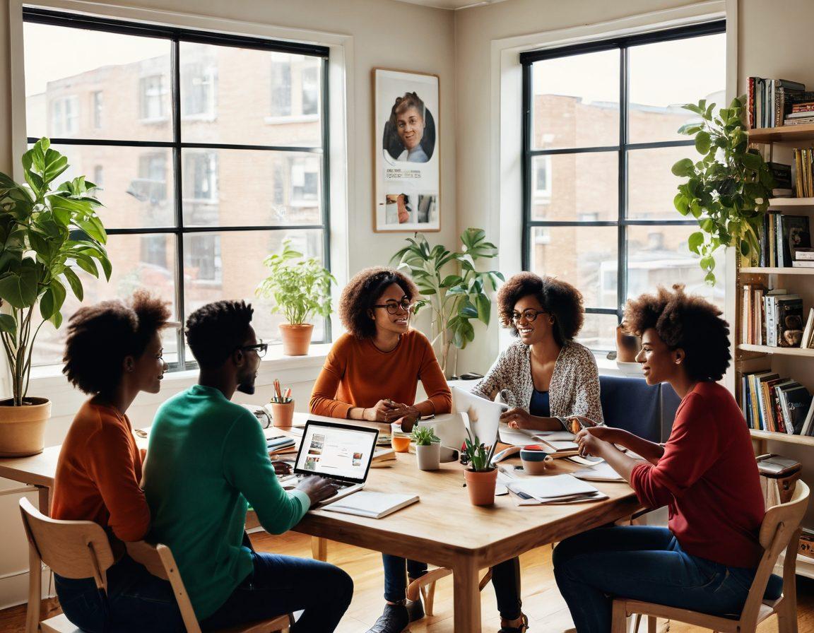 An engaging scene of diverse individuals gathered around a modern table, sharing ideas and discussing blogs on digital devices, with vibrant speech bubbles showcasing various blogging topics like 'SEO', 'Creativity', and 'Community'. The background features an uplifting bookshelf filled with colorful books and a few potted plants for a cozy atmosphere. A bright window with sunlight streaming in adds warmth to the setting. super-realistic. vibrant colors. 3D.